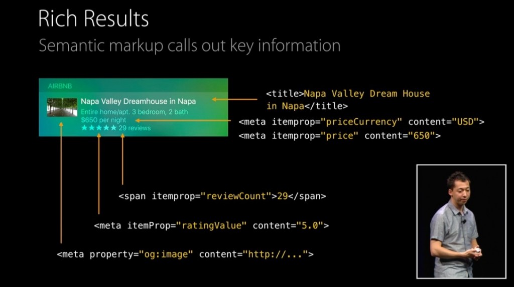 Slide from WWDC session on Search. Showing OpenGraph and schema..org metadata pulling into iOS 9 Search results.